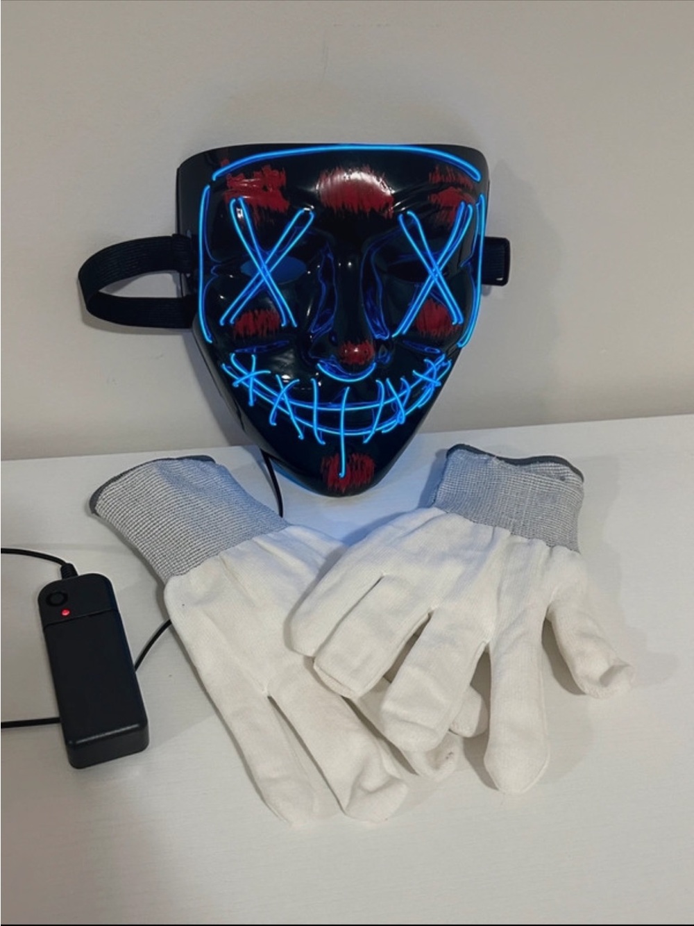 Black LED Light-Up Mask with Blue Neon and White Gloves